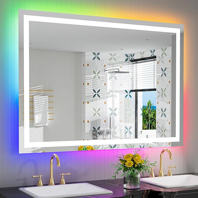 YEELAIT 50x32 Inch RGB LED Bathroom Mirror Front Light and RGB Backlit Lighted Vanity Mirror for Bathroom Wall Mounted Dimmable Anti Fog Memory Shatter-Proof IP54 Waterproof Horizontal/Vertical