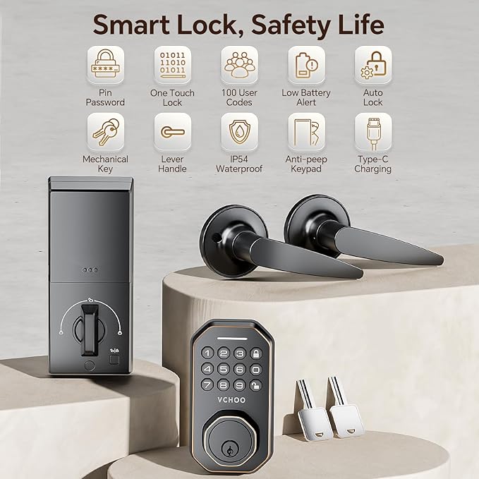 VCHOO Keyless Entry Door Lock Set Smart Locks for Front Door Keypad Door Lock with Handle Auto Lock One Time Password Anti Peeping Password IP54, Bronze