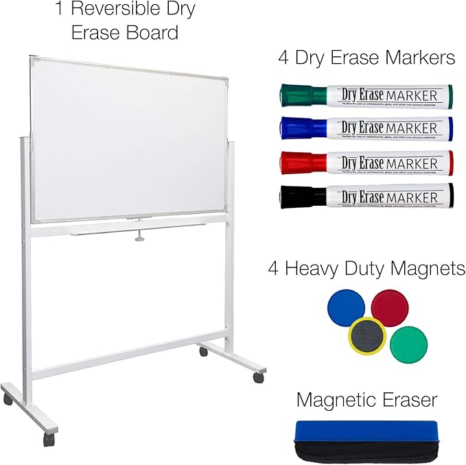 Excello Global Products Large 48"x32" White Board on Wheels: 1 Reversible Magnetic Dry Erase Board with Rolling Stand, 4 Dry Erase Markers, 1 Eraser, 4 Magnets, 1 Marker Tray (White)
