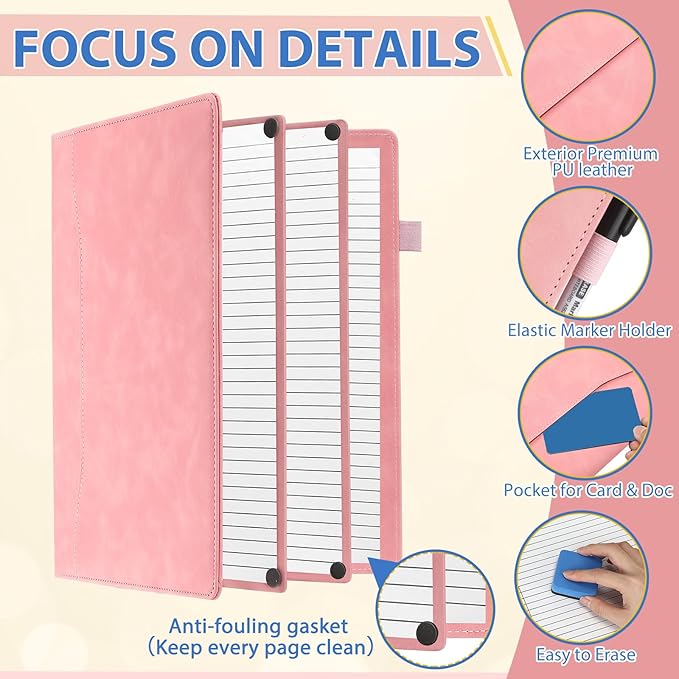 6 Sides Dry Erase Notebook Portable Whiteboards Notebook Small Reusable College Ruled Lined Board Folding Mini Travel Dry Erase White Board for Office Study(Pink,A4: 9 x 12 Inches)