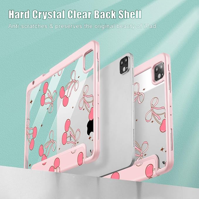 May Chen Case for iPad 12.9 Inch (6th/5th/4th/3rd Generation 2022/2021/2020/2018) Pencel Holder + Trifold Support Auto Sleep/Wake Transparent Shockproof Back Cover Blue Bows