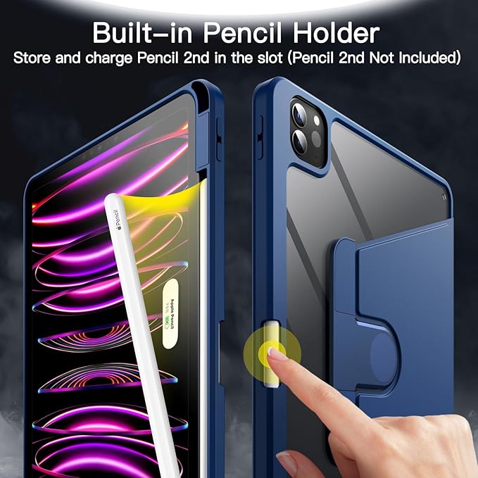 JETech Rotating Case Cover for iPad Pro 11 4/3 Black | For 2022/2021 Model 360° Rotation Stand Clear Back Design Auto Wake/Sleep Pencil Holder Full Protection