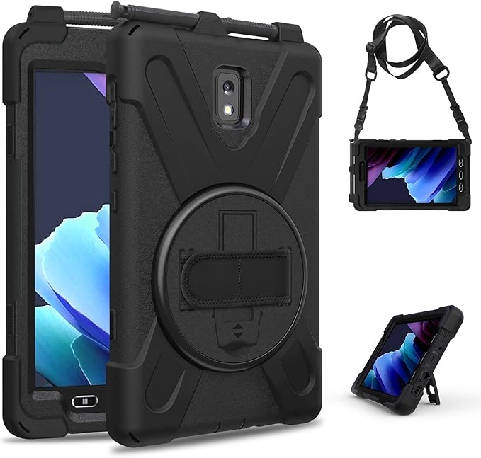 Samsung Galaxy Tab Active3/Active5 8.0 Case with 360 Stand Handle Hand Strap &amp Shoulder Strap for Samsung Galaxy Tab Active5 8 2024 Active3 8 2020 SM-X300/X307/T570/T577 (Black)