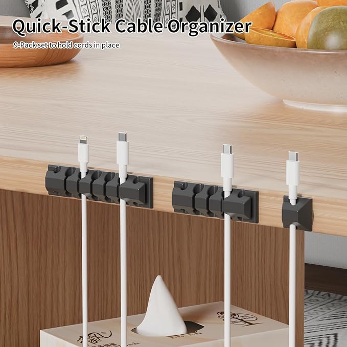 XenovaX 9 Pack Cord Organizer Clips - Desk Cable Management Clips, Cable Holder for Charger Wires, Phone Charger Cord Holder Clips for Desk, Office, Car, Home, Cubicle, Nightstand