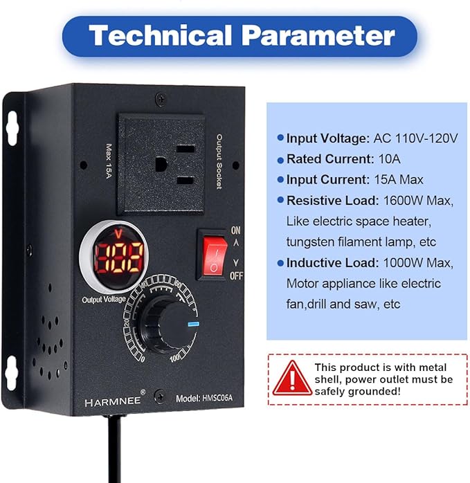 HARMNEE AC Motor Speed Controller 110-120V / 10A Rated / 15A Max, Fan Speed Control AC Electronic Voltage Regulator with Black-Coated Matt Metal Shell & Voltage LED Display Screen