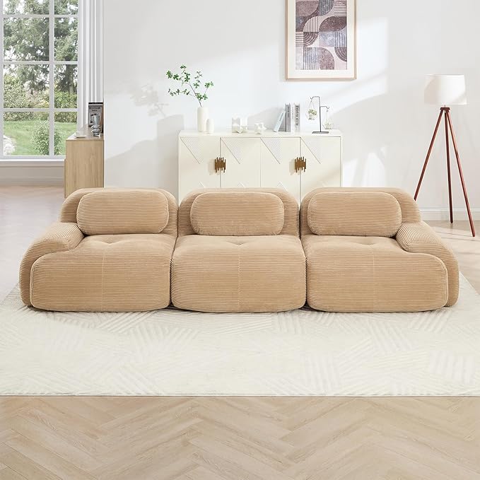 116" Modern Compressed Boneless Couch, 3 Seater Sectional Couches for Living Room, Camel Corduroy Cloud Modular Sectional Sofa, Comfy Memory Foam, Extra Deep, Sofas para Sala, No Assembly