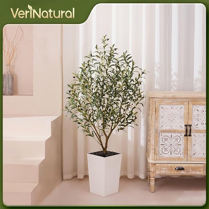 Artificial Olive Tree 5FT Indoor&Outdoor Faux Plant - UV Resistant Large Fake Tree with White Planter & Pebbles, Realistic Tall Potted Artificial Trees for Modern Home Decor Office Living Room VN132