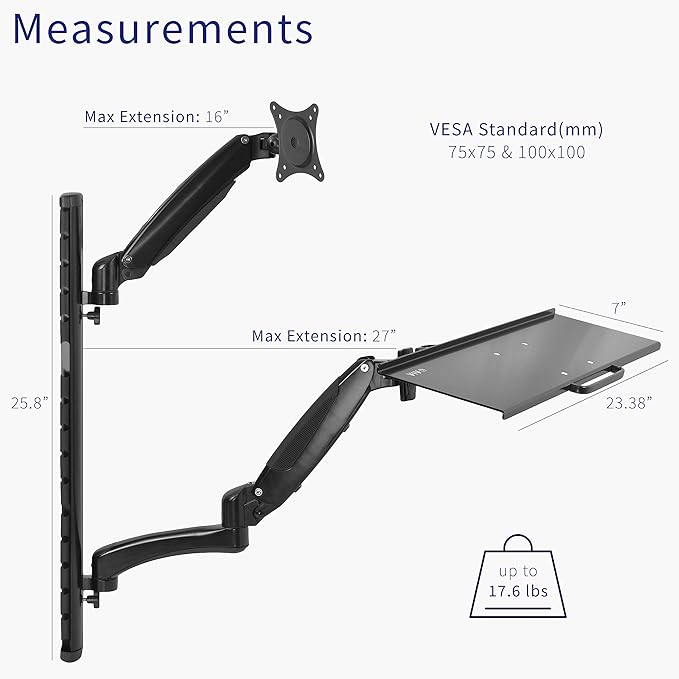 VIVO Black Sit-Stand Wall Mount Counterbalance Height Adjustable Monitor and Keyboard Workstation for Screens up to 27 inches STAND-SIT1K…