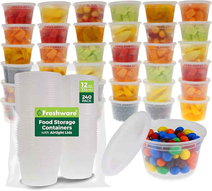 Freshware Food Storage Containers [240 Set] 12 oz Plastic Deli Containers with Lids, Slime, Soup, Meal Prep Containers, BPA Free, Stackable, Leakproof, Microwave, Dishwasher and Freezer Safe