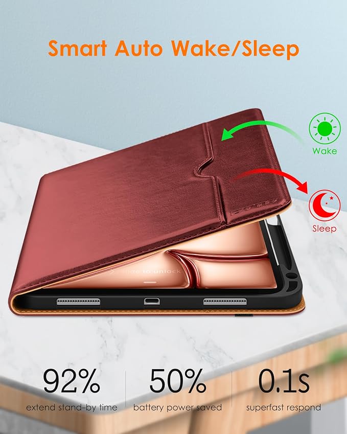 DTTO for iPad Air 11-inch Case M4/M3/M2 (2026/2025/2024) iPad Air 5th / 4th Generation (2022/2020) Premium Leather Business Folio Stand Cover with Pencil Holder - Auto Sleep/Wake Brown