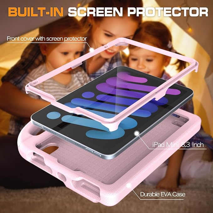 Kids Case for iPad mini 7 (A17 Pro) 2024/ Mini 6 2021 iPad mini 7th/6th Generation Case with Screen Protector - Shockproof with Handle Stand Protective Cover for iPad 8.3 Inch Lavender