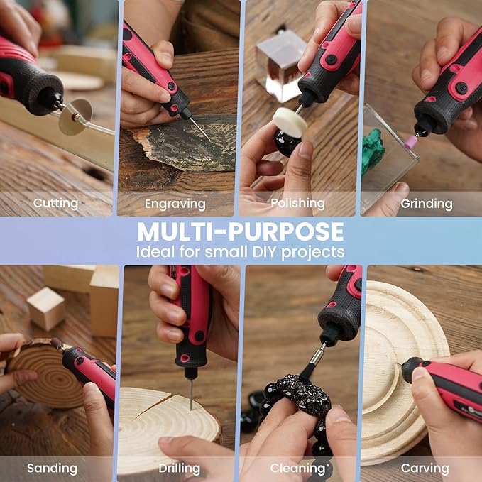 HARDELL Mini Cordless Rotary Tool, 5-Speed Rotary Tool Kit with 69 Accessories, 4V Power Rotary Tool for Cutting, Engraving, Sanding, Drilling, Polishing, Small Wood Carving tool or DIY Crafts（Pink)