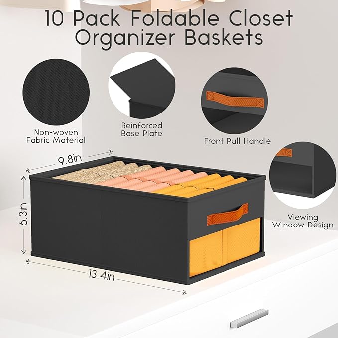Homsorout Drawer Organizers and Storage - 10 Pack Foldable Pants Organizer with Clear Window & Handles, Fabric Closet Organizer for Clothes, Jeans, Sweaters, Towels, T-shirt, Scarf (Black)