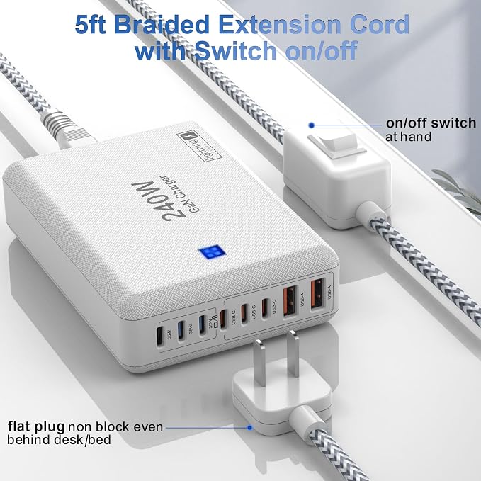 8-Port Multi Charging Stations 200W with Flat Plug Braided Power Cord and On/Off Switch- USB Charging Hub for iPhone iPad MacBook and More- 65W C Port Power Adapter for Laptops