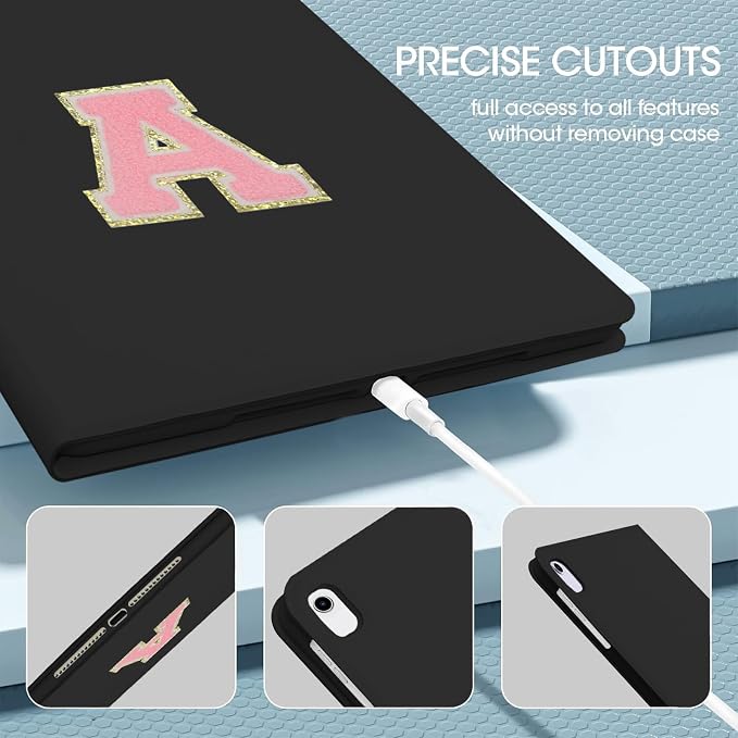 for iPad 9th Generation 10.2 Inch 2021/2020/2019 Case Initial Chenille Letter Suture Personalized for iPad 9th/8th/7th Generation Case with Auto Sleep/Wake Pencil Holder (Black A)