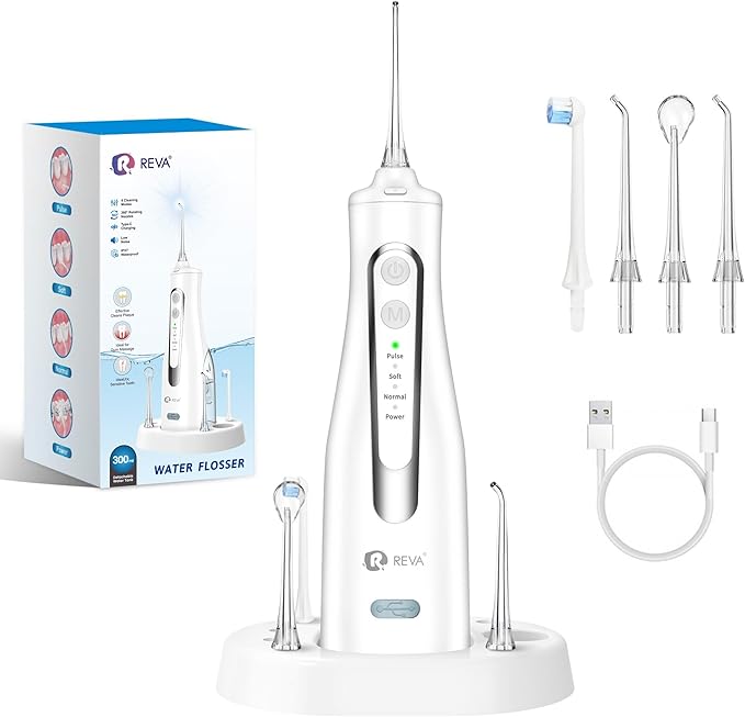 R REVA Cordless Water Flosser for Teeth, Gums & Braces – 4 Modes, 300ML Tank, 360° Nozzle, IPX7 Waterproof, USB Rechargeable 2000mAh Battery for Home & Travel (M149 Pro White)