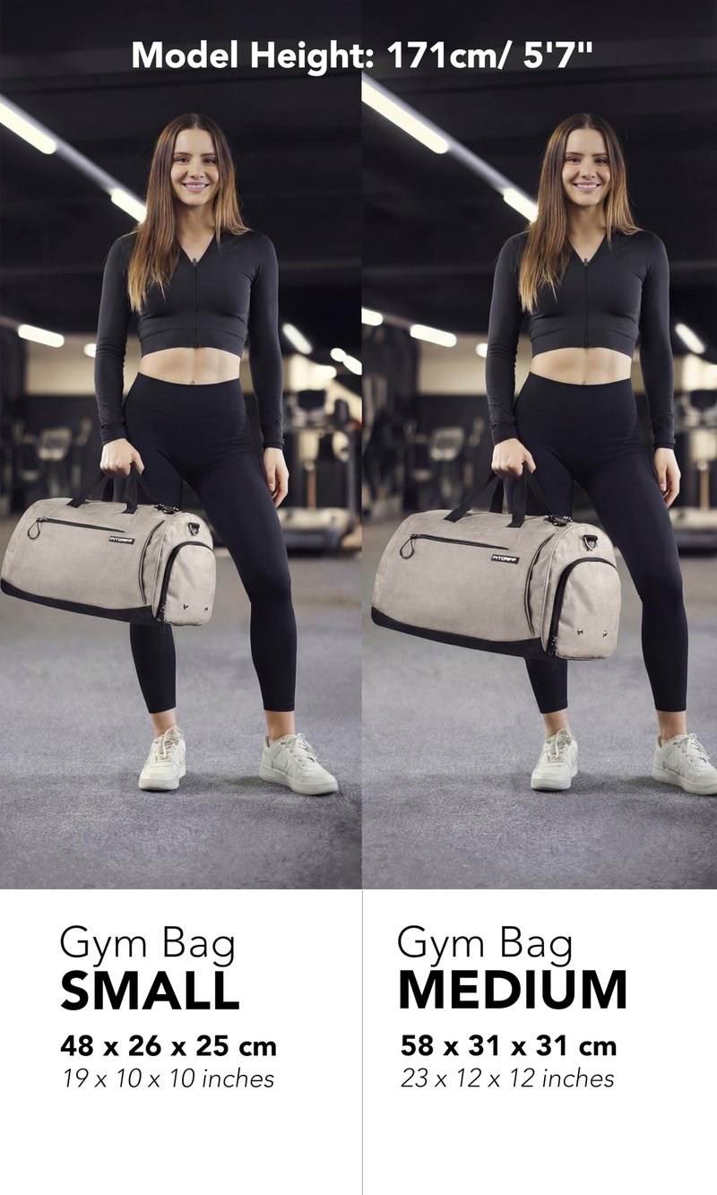 Fitgriff® Gym Bag for Men & Women with Shoe & Wet Compartment - Duffle Bag for Travel, Sports, Fitness & Workout (Beige, 19 x 10 x 10″ (Small))