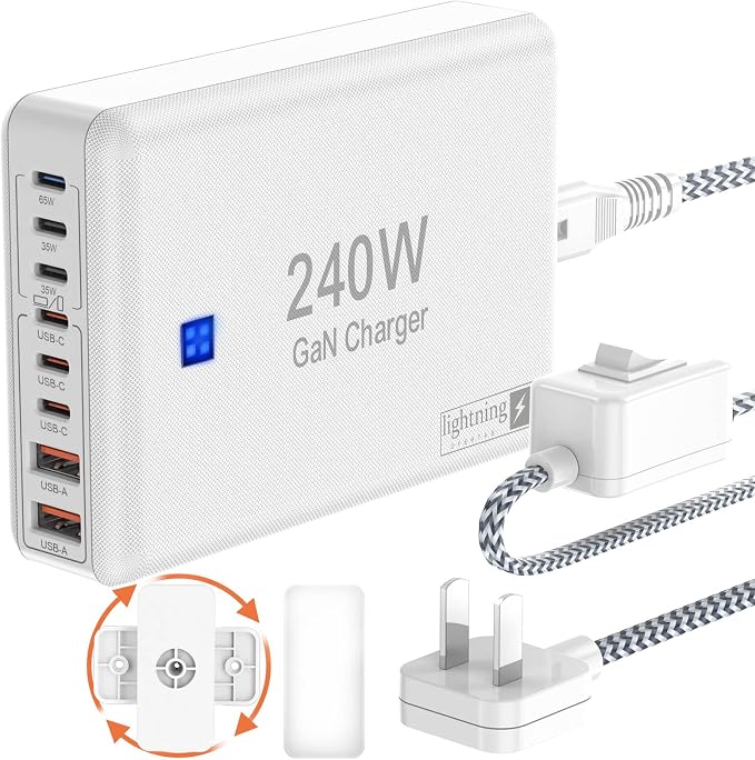 8-Port Multi Charging Stations 200W with Flat Plug Braided Power Cord and On/Off Switch- USB Charging Hub for iPhone iPad MacBook and More- 65W C Port Power Adapter for Laptops