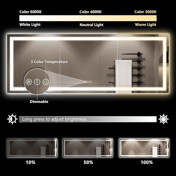 YEELAIT 96x36 Inch LED Bathroom Mirror with Lights Front and Backlit Lighted Vanity Mirror for Bathroom Wall with 3 Colors Dimmable Anti-Fog Memory Shatter-Proof IP54 Waterproof Horizontal/Vertical