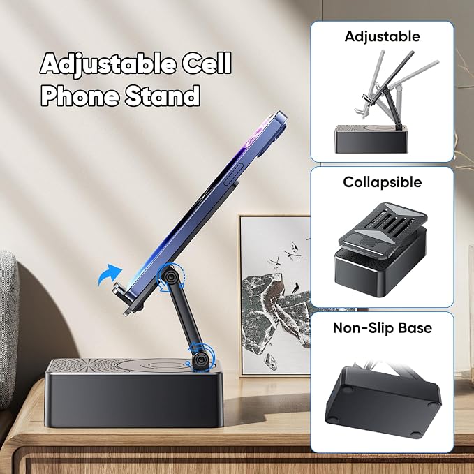 Phone Stand with Speaker with Bluetooth 5.3Phone Stand with Remote Control &amp Adjustable Height/AngleNon-Slip Silicone BasePortable for Home/Office/OutdoorGifts for Men Women Teens Parents