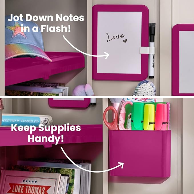 LockerMate 6-Piece Locker Organizer Kit, Includes Mirror, Whiteboard, Storage Cup & Dry Erase Marker, Pink