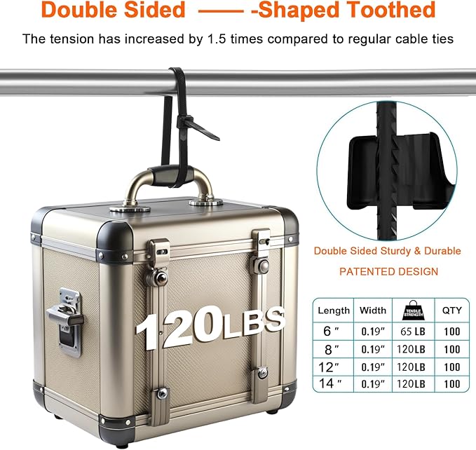 Symretie Assorted Zip Ties (400 Pack) - 6+8+12+14 Inch Double Sided Toothed, 100 LBS Tensile Strength. Heavy Duty Self-Locking Adjustable Nylon Cable Ties, More Durable for Indoor & Outdoor Use.