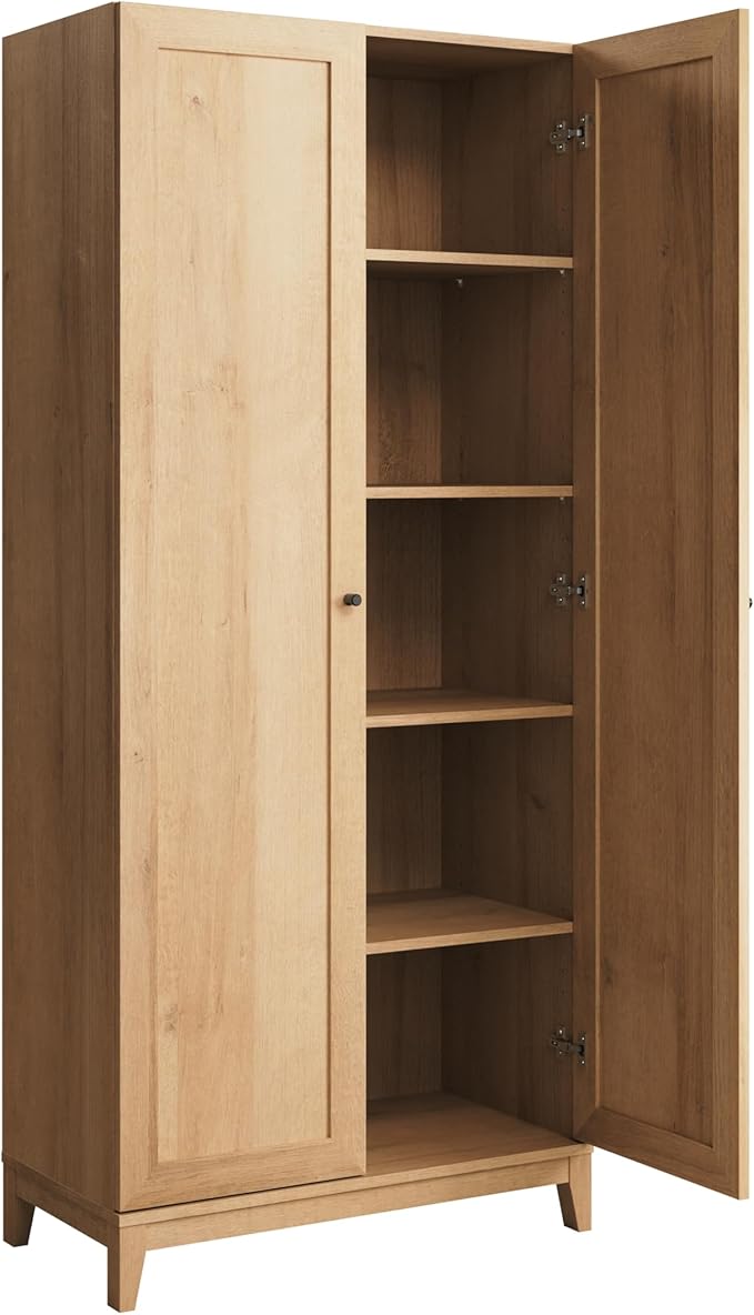 Prepac Yaletown 72" Tall Storage Cabinet with Wood Legs, Pantry Cabinet with 3 Adjustable Shelves, Bathroom, Kitchen and Home Organization in Natural Oak, 16" D x 32" W x 72" H