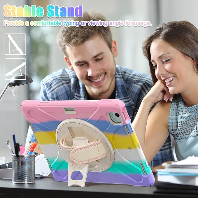 Batianda VortiGrip Case for iPad Air 11 M2/M3/M4 2024-2026 Colorful Blue | Heavy Duty Triple-Layer Rugged Case with 360° Rotating Hand Strap Foldable Hidden Stand Shoulder Strap and Pencil Holder