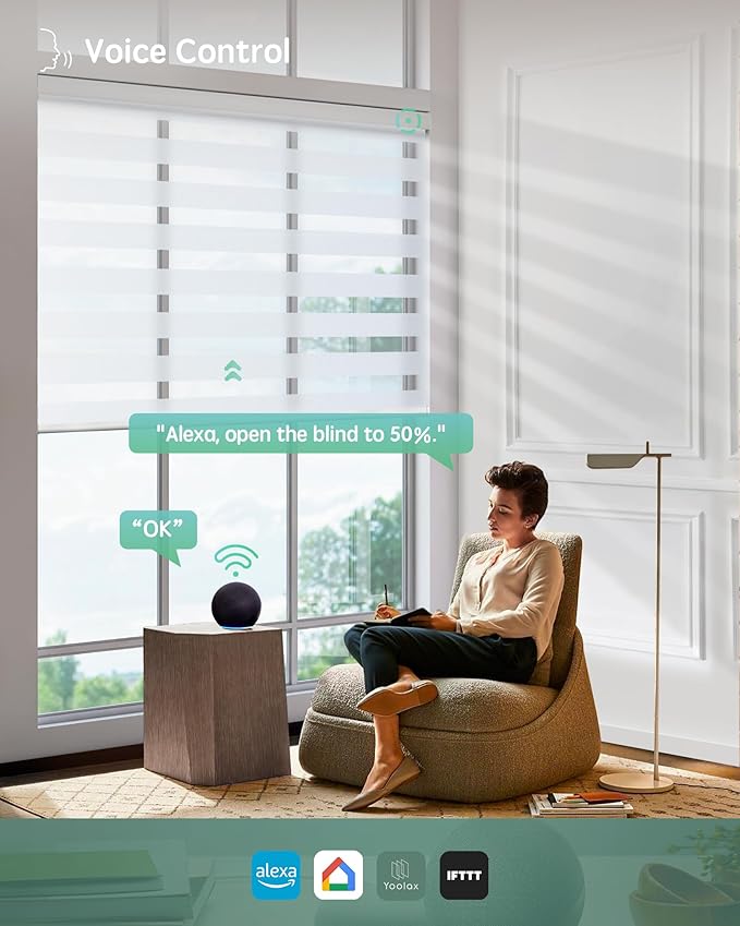 Yoolax Motorized Blinds with Remote, Electric Zebra Blinds for Indoor Windows, Room Darkening Smart Shades with Voice Control, Compatible with Alexa Google Home, APP Control, 28" W x 72" H, White