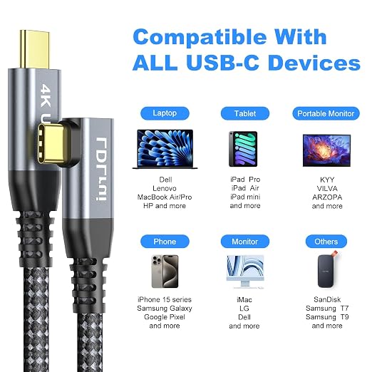 LDLrui 10FT Right Angle USB C Cable 100W PD 20Gbps Data 4K Video | Large Workspaces Commercial Displays Long Distance Routing Flexible Installation Full-Featured USB-C
