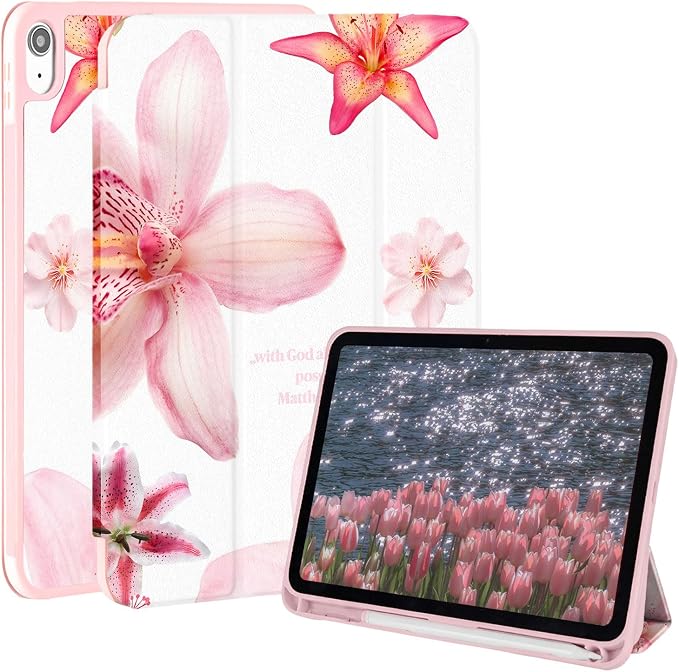 Case for iPad 9th/ 8th/ 7th Generation Case 10.2&amp10.5 Inch (2021/2020/2019 Release) Slim Lightweight Soft Trifold Back Cover with Pencil Holder &amp Auto Sleep/Wake Cover Cherries Cheetah Bows