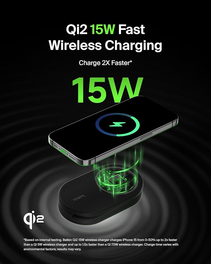 Belkin Qi2 15W Magnetic Wireless Charger 2 in 1 Foldable Non-Slip | MagSafe compatible iPhone 16 Apple Watch Samsung Galaxy S25 compatible power adapter included