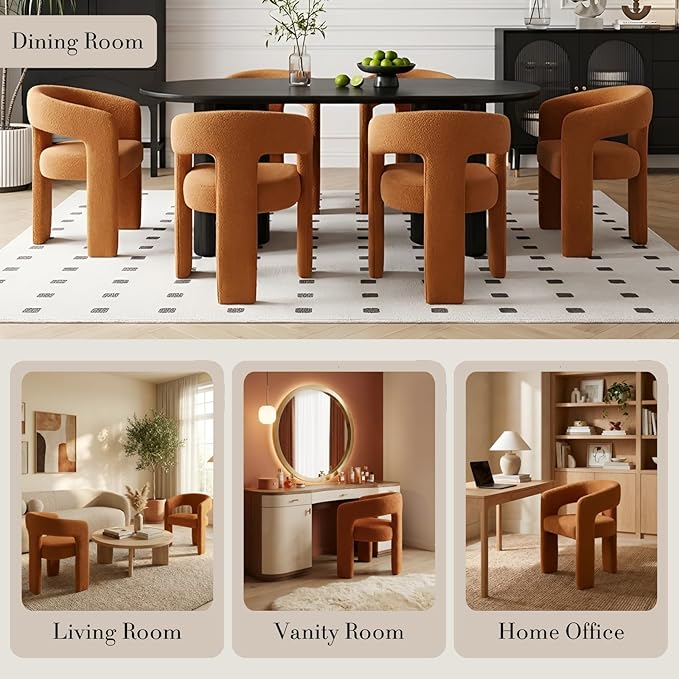 Modern Sherpa Dining Chairs Set of 6, Upholstered Barrel Chairs with Arms Comfy Accent Side Chairs for Living Room/Dining Room/Reception, Terra Cotta