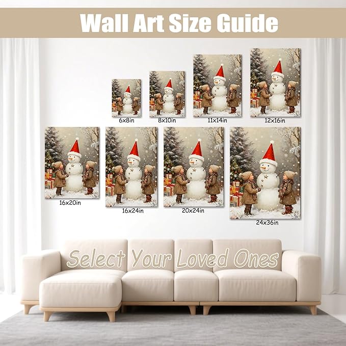 Vintage Snowman with Children Christmas Canvas Wall Art - Rustic Winter Scene Framed Prints for Livingroom & Bedroom, Cozy Farmhouse Christmas Wall Art, Unique Christmas Gifts & Festive Decorations