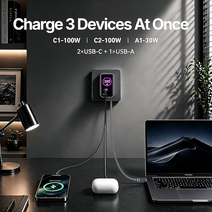 Compact 100W GaN Retractable USB C Wall Charger with Smart Display | Durable Built-in Retractable Cable C1-100W C2-100W A1-30W Compatible with MacBook iPhone Galaxy Pixel iPad(Non-Battery)