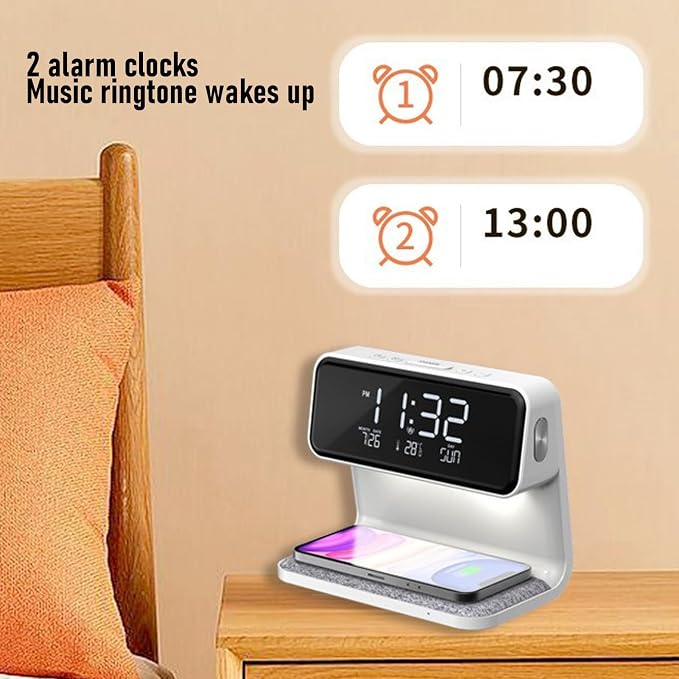 3 in 1 Wireless Charging Digital Alarm Clock with 15W Fast Charger Night Light Date Temperature Display for Bedroom Desk