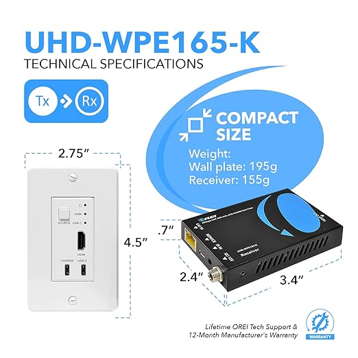 OREI 4K HDMI/USB-C Extender, Over Single Cat6/Cat7 Cable Wall Plate Transmitter 4K @ 60Hz UltraHD with HDR & IR Control - Up to 165 ft