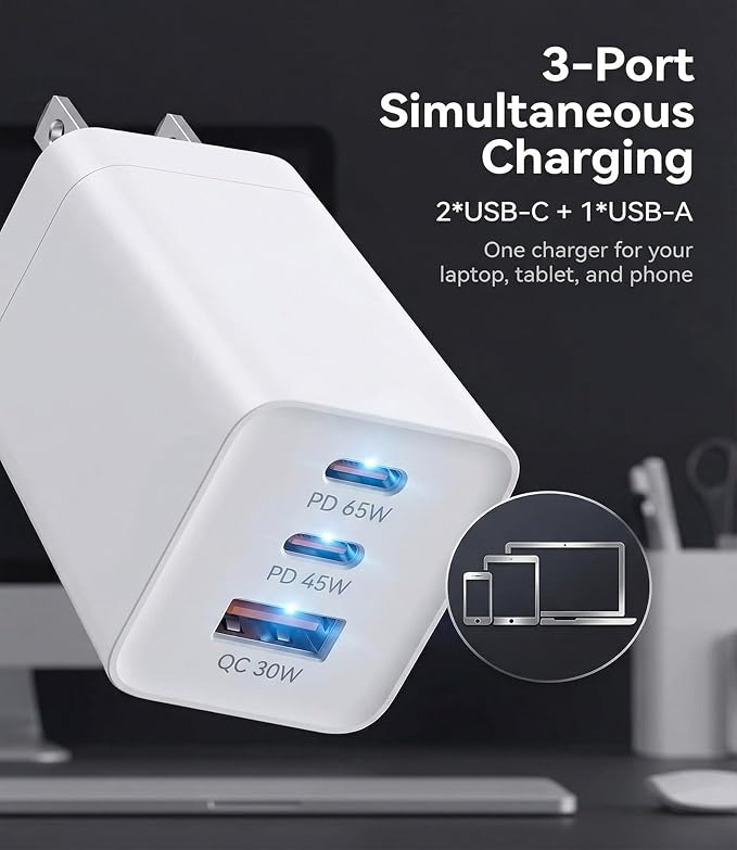 65W USB C Laptop Charger 3-Port PD Wall Charger Block with 3 Cables (2x1.2m+1x0.6m) Foldable Travel Adapter for Phone Tablet Compatible with MacBook - Blue