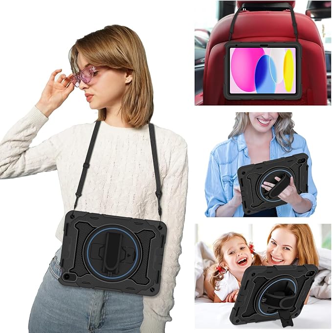 for iPad 9th 8th 7th Gen Case 10.2 inch with Screen Protector | 360° Rotating Kickstand Hand Strap Shoulder Strap Heavy Duty Military Grade - Kids Friendly