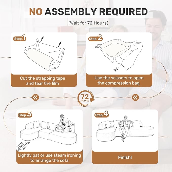 114 Inch Boneless Couches for Living Room,Modern Modular Sectional Sofa with Chaise,L-Shape Cloud Sectional Couch,No Assembly Required,Brown
