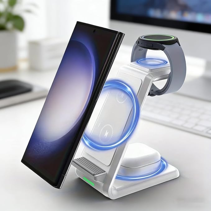 3-in-1 15W Wireless Charger Making the Desktop Cleaner Wireless Charger with Dual CoilWhite