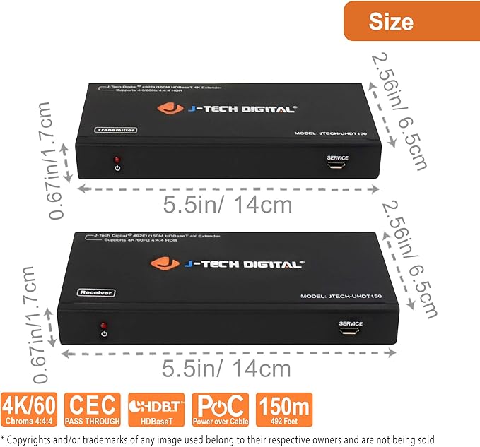 J-Tech Digital Long Range HDMI Extender Over Cat6 150m/492ft HDBaseT 4K60Hz 18Gbps Extender PoC, Bi-Directional IR, Supports Dolby Digital, DTS, with EDID, CEC, RS-232 Passthrough [JTECH-UHDT150]