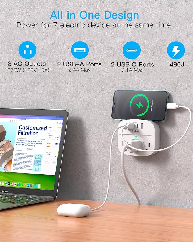 1 Pack Multi Plug Outlet Splitter with USB, Surge Protector Outlet Extender with 3 Wall Outlets 4 USB Wall Charger(2 USB C), 490 Joules, ETL Listed, Small Outlet Adapter Plug Extender for Travel,White