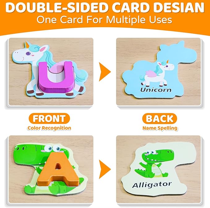 BEESTECH Animal Alphabet Flash Cards, Wooden Letter Puzzle, Educational ABC Learning Toys for 3 4 5 Year Old Boys Girls Toddlers, Preschoolers Matching Game