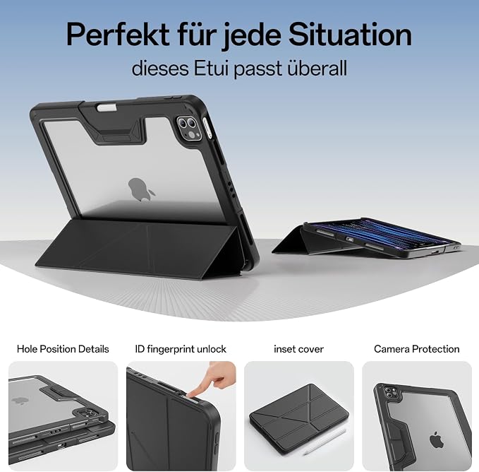 Case for iPad Pro 11 inch (4th/3rd/2nd Generation) 2022/2021/2020 | Y-Stand Shockproof Protective Cover with Pencil Holder Multi-Angle Stand Clear Hard Back (Black)