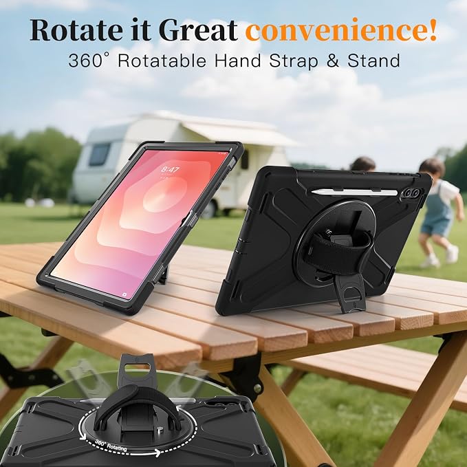Case for Galaxy Tab S10 FE+ 13.1 2025 with Screen Protector+360 Rotating Hand Strap&ampStand+Shoulder Strap (Black)