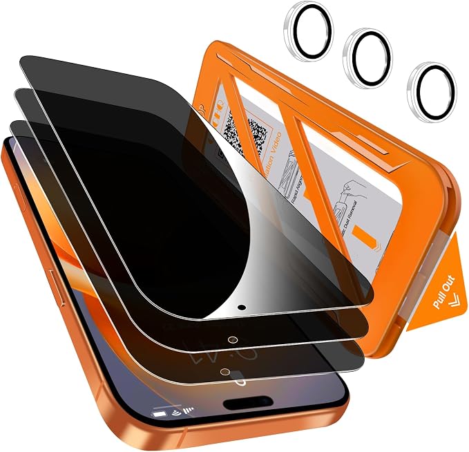 [1-Second Auto-Install] QHOHQ 3 Pack Privacy Screen Protector for iPhone 17 Pro [6.3 Inch] + 1 Set Camera Lens Protector 25° Anti Spy Tempered Glass [12FT Military Grade Shatterproof] Case Friendly