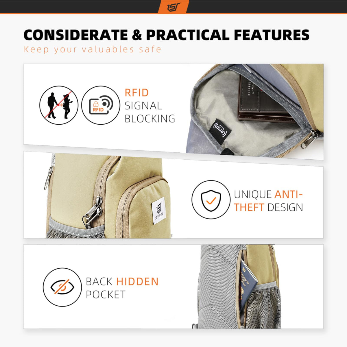 SKYSPER Sling Bag RFID Crossbody Sling Backpack Cross Body Shoulder Bag Travel Hiking Daypack for Women Men(Khaki)