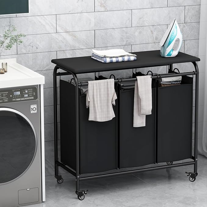 LINZINAR 3 Bag Laundry Basket Sorter Heavy Duty Rolling Lockable Wheels Laundry Hamper Cart with Ironing Board and Removable Bags, Black
