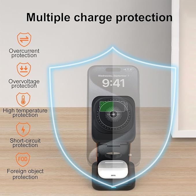 3 in 1 Wireless Charging Station Foldable Magnetic Travel Charger Stand Compatible with iPhone 16/15/14/13/12 SeriesWatch(20W USB-C Charger Included)